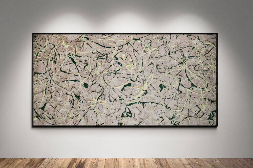 Abstract artwork Number 102 in Jackson Pollock style with metallic pewter background and green splashes | A vibrant composition inspired by nature and movement