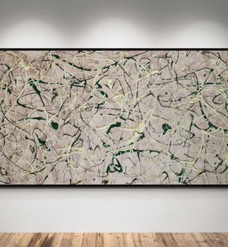 Abstract artwork Number 102 in Jackson Pollock style with metallic pewter background and green splashes | A vibrant composition inspired by nature and movement