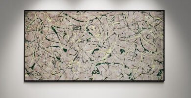 Abstract artwork Number 102 in Jackson Pollock style with metallic pewter background and green splashes | A vibrant composition inspired by nature and movement