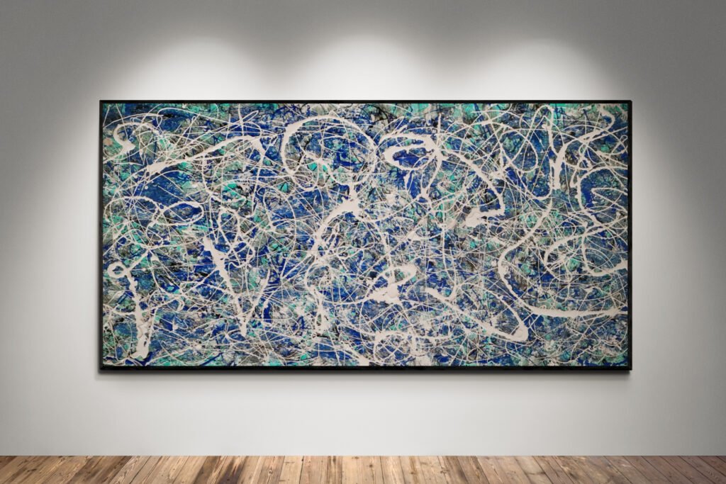 Abstract artwork Number 74 in Jackson Pollock style with emerald green, blue, and silver splashes on a grey base | A luminous composition of depth and balance