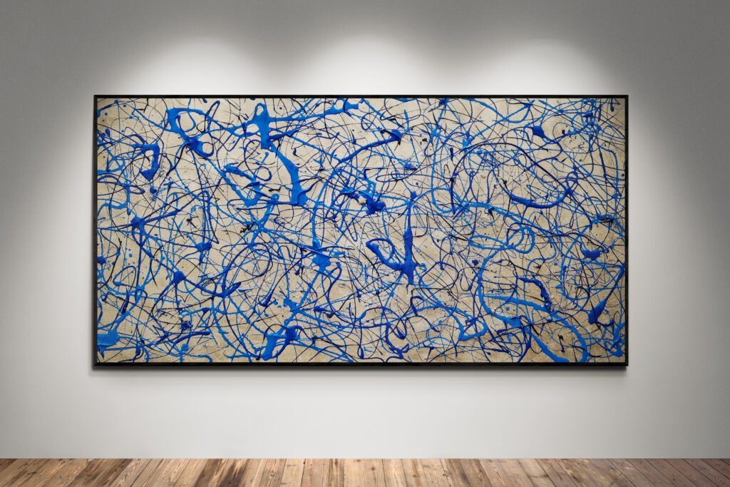 Abstract artwork Number 75 in Jackson Pollock style with ocean blue, turquoise, and metallic silver splashes on a pewter background | A fluid and modern composition of depth and light