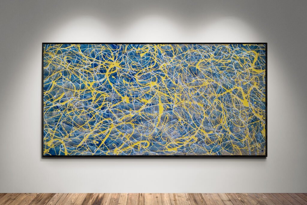 Abstract artwork Number 43 in Jackson Pollock style with layered grey and blue background and vibrant yellow splashes | A luminous balance of energy and harmony