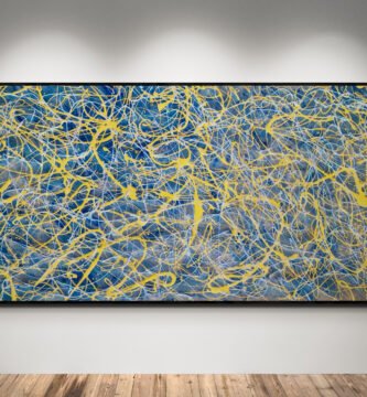 Abstract artwork Number 43 in Jackson Pollock style with layered grey and blue background and vibrant yellow splashes | A luminous balance of energy and harmony