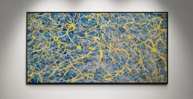 Abstract artwork Number 43 in Jackson Pollock style with layered grey and blue background and vibrant yellow splashes | A luminous balance of energy and harmony