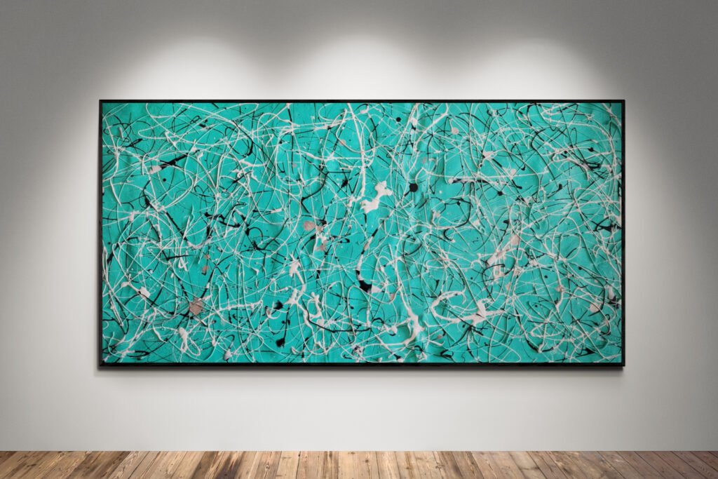 Abstract artwork Number 116 in Jackson Pollock style with mint green background and black-white splashes | A fresh composition of contrast, rhythm and elegance