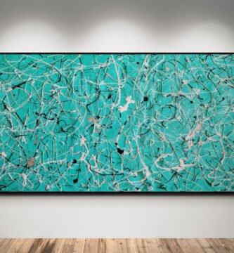 Abstract artwork Number 116 in Jackson Pollock style with mint green background and black-white splashes | A fresh composition of contrast, rhythm and elegance
