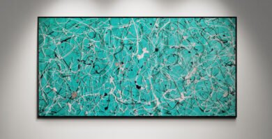 Abstract artwork Number 116 in Jackson Pollock style with mint green background and black-white splashes | A fresh composition of contrast, rhythm and elegance