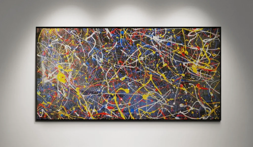large contemporary abstract painting with colorful splashes on black background by KooK, abstract expressionist artwork for modern interiors