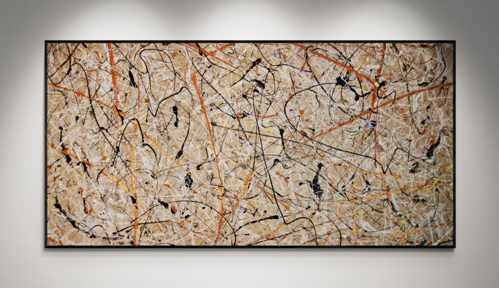 One-of-a-kind abstract painting in beige, black and metallic copper tones with textured dripping composition, original artwork by KooK for modern interiors