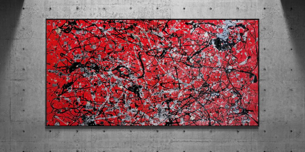 Large-scale abstract painting with red, black and white splashes, textured dripping composition in action painting style, XXL artwork by KooK displayed in a modern concrete interior