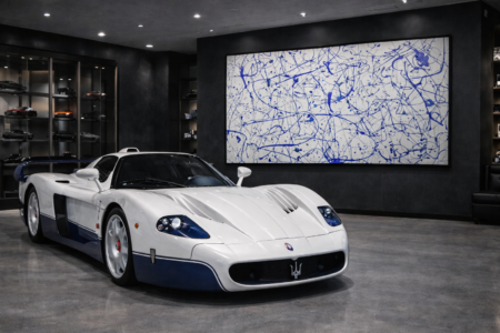 large abstract painting for luxury garage wall with supercar modern showroom design