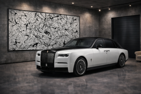 oversized pollock inspired black and white abstract wall art in high-end garage interior