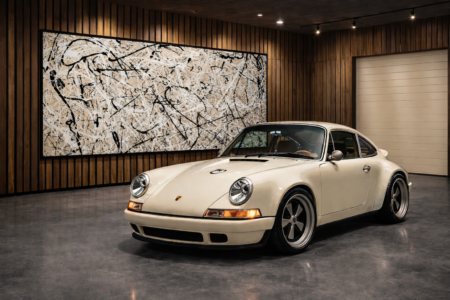 large black and white Jackson Pollock style abstract wall art in modern luxury car showroom with vintage coupe