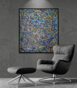 pollock style multicolor abstract painting in modern minimalist interior