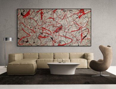 horizontal pollock style red and black abstract painting in modern interior