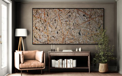 pollock style earth tone abstract wall art in modern living room with warm decor
