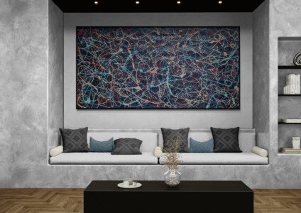 Jackson Pollock style blue abstract painting in modern living room above sofa