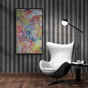vertical multicolor abstract wall art in contemporary living room reading area
