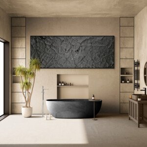 large black abstract wall art for modern bathroom spa interior
