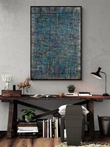 modern abstract wall art in rustic home office workspace