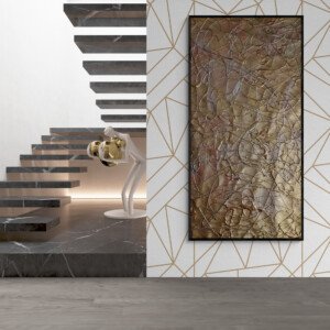 large vertical abstract painting Pollock style golden for modern staircase wall luxury home interior